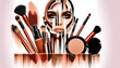 AI-generated illustration of makeup products, including brushes, foundation, and powder
