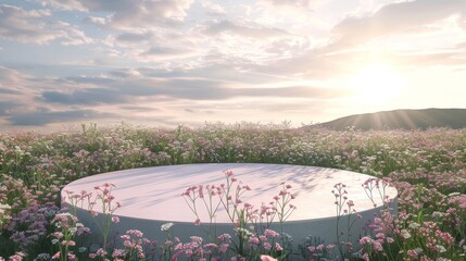 Poster - 3D rendering of a natural beauty podium backdrop with wild flowers.