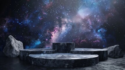 Poster - An abstract galaxy night scene on a stone podium backdrop is used as a backdrop for a product display.