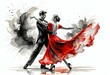Illustration of a dancing couple in a dynamic modern ballroom dance. Illustration in black and red colors on a white background