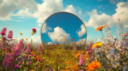 Poster - A reflection of the sky in a mirror on a spring flower field. This is a 3D rendering.