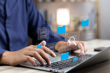 Fototapete - document management system concept (dms), businessman working laptop virtual screen icons folder and