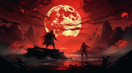 Wall Mural - An epic duel between samurais wielding swords forged from gold and armor crafted from coins, under a bloodred moon