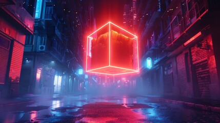 Canvas Print - This is a 3D rendering with an abstract blue red neon background and a holographic cube levitating above a busy city street. This is a digital geometric wallpaper with a blue red neon background.