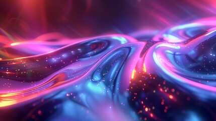 Poster - An abstract dark holographic iridescent neon background fluid liquid glass curved wave in motion. A gradient design element for banners, backgrounds, wallpapers, and covers.