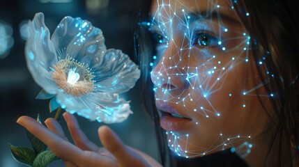 Fototapete - Humanoid AI face profile with robotic flower. AI learns the world through computer neural networks using digital brain analysis. Industry 4.
