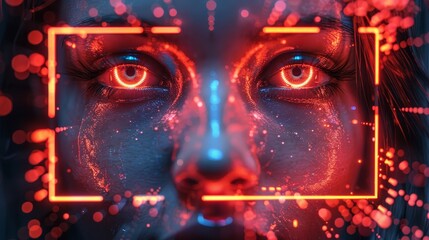 Fototapete - Abstract background of technology. Computer digital neon square frame with artificial intelligence face, 3D geometric shapes in cyberspace. Artificial intelligence head. Abstract digital computer