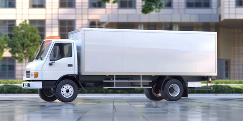 Wall Mural - White delivery truck van on road with building background.