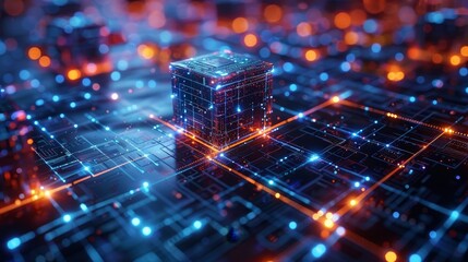 Fototapete - Conceptual banner of blockchain technology. Mining, exchange, and peer-to-peer arbitration of cryptocurrency. Cube or block of digital financial information. Abstract background of fintech.