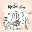Mother's day background with children and woman illustration. Simple vector web banner. One continuous line drawing with lettering happy Mother's day created with generative ai