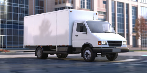 Wall Mural - White delivery truck van on road with building background.