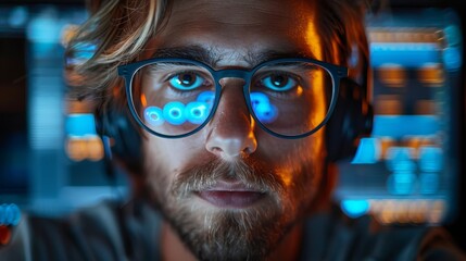Aufkleber - Developing computer code in VR interface. Software developer in glasses, headset. Futuristic computer technology concept. Man working in glasses, headset.
