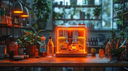 Aufkleber - Engineer with 3-D printer on desk. 3D printing of plastic parts, prototyping in industry. Three-dimensional printer with orange glass cover, printed with plastic 3D models. Bottles of polymer resin