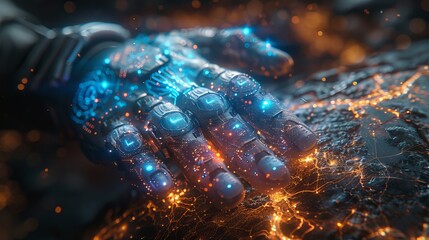 Fototapete - Concept for global communication technology using artificial intelligence. Robot hand points to earth in cyber space. Robotic arm interacts with 3D earth on virtual reality headset. Artificial
