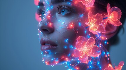 Fototapete - Artificial intelligence learns world. Cyborg head with robotic arm. Woman in anthropomorphic cyborg or robotic form. Computer neural network learning. AI with electronic brain.