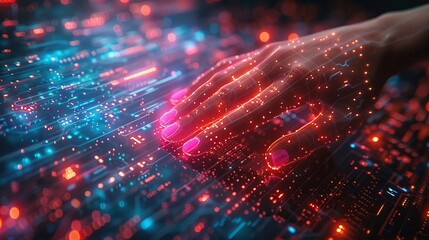 Fototapete - In VR 3D cyber space, a hand user interacts with digital computer data. Technology Banner with abstract digital geometric figures. Future technology background.