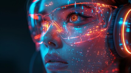 Poster - Chatbot avatar. Round icon of AI face in image of a humanoid female cyborg. Chat bot logo of online technical support. Headset with microphone.
