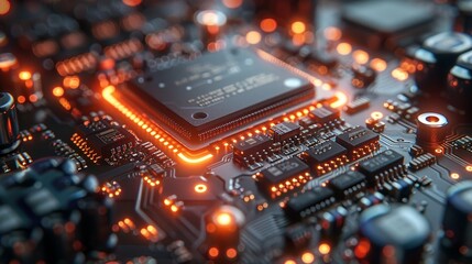 Aufkleber - A robotic arm or manipulator on an assembly line manufacturing circuit boards with chip, CPU, electronic components. Manufacturing electronics on a circuit board.