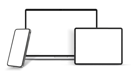 Aufkleber - Modern laptop mockup front view and high quality smartphone and tablet mockup isolated on white background. Notebook mockup and phone device mockup for ui ux app and website presentation.Stock Vector.