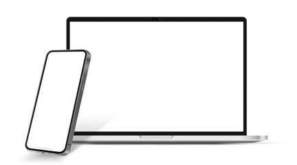 Aufkleber - Modern laptop mockup front view and smartphone mockup high quality isolated on white background. Notebook mockup and phone device mockup for ui ux app and website presentation Stock Vector.
