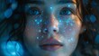 The concept of an AI robot woman analyzing big data using artificial intelligence. Cyborg woman contemplating stream of data in an image waterfall of particles of light. Machine learning concept.