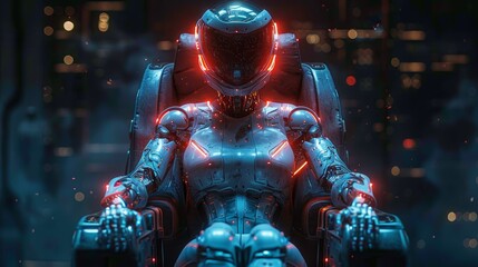 Fototapete - An automated woman holds a robotic throne in cyberspace, a beautiful cyborg woman sits in an armchair and is surrounded by a neural network as if she were in cyberspace. Artificial intelligence has
