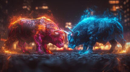 Poster - Stock traders bears and bulls are fighting to profit on securities trading exchange. Bears against bulls with Japanese candles as swords. Trading strategies on securities exchanges.