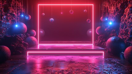 Aufkleber - The neon rectangle glowing frame is set in dark cyberspace with hanging 3D spheres. Tech square border or frame forms the pedestal or base for the object.