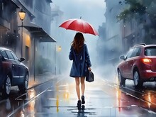 Girl Under The Rain Watercolor Wallpapers