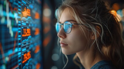 Poster - Trader robot. Artificial intelligence develops trading strategies on stock exchange. Image robot or cyborg woman analyzes financial charts using neural networks.