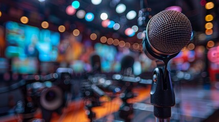 Close-up of microphone on stage in conference room full of cameras and people on blurred background.