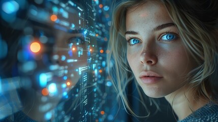 Fototapete - Image of AI-enhanced robot woman working on transparent computer touch screen. Artificial intelligence analyst data on display of computer. Female cyborg. Artificial neural networks.