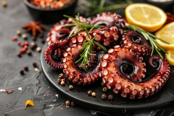 Wall Mural - Exquisite mediterranean grilled octopus on stylish black plate, a traditional delicacy