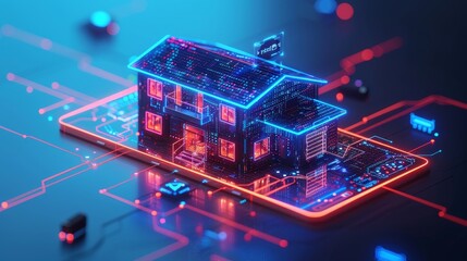 Aufkleber - The Internet of Things smart home isometric concept. With icons appearing on the screen, a smart phone is illuminated by neon lights. Electronic devices are inside the phone. A mobile app is used to