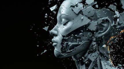 Leinwandbilder - The head of a female robot is breaking apart in 3D. The background is black.