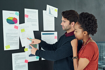 Poster - Business people, meeting and strategy with documents on storyboard, sticky note and project timeline with teamwork. Corporate collaboration, discussion and paperwork for research, analysis and graphs