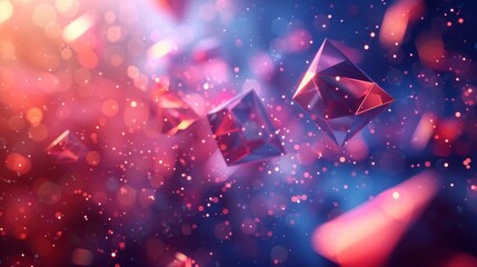 Aufkleber - Three dimensional rendering of a chaotic low polymorphic shape with flying polygonal pyramids in empty space. Background with bokeh effect. Poster design.
