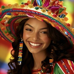 Wall Mural - Portrait of beautiful woman in mexican sombrero.