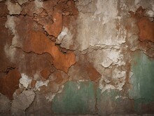 Wall, Aged, Weathered, Reveals Story Of Time, Elements. Paint, Once Vibrant, Full Of Life, Now Peels Away In Large Flakes Exposing Layers Beneath.