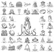Religious, catholic, christian doodle icons collection set, vector simple line art monoline religious illustration, hand-drawn pattern laser cutting print engraving