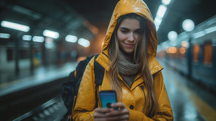 Wall Mural - Enjoying travel. Young woman waiting on station platform on background light electric moving train using smart phone in night. Tourist text message and plan route of stop railway, railroad transport.