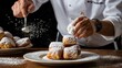 A closeup image of a chef sprinkling powdered sugar over a plate of beignets The beignets are golden brown and look delicious. generative AI