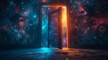 Doorway To The Cosmos: A Surreal Image Of An Open Door Leading Into A Starry Universe