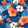 floral wall paper design, vibrant hibiscus with leaves, orange, white, baby blue, dark blue background, vector illustration, vibrant pop art