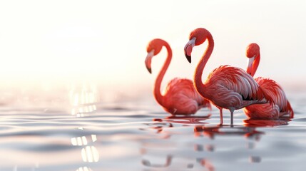 Wall Mural - Three flamingos are standing in the water, with one of them looking to the right