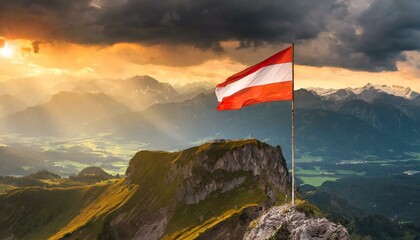 Wall Mural - The Flag of Austria On The Mountain.