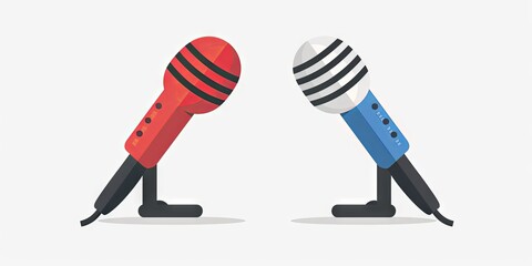 Two cartoon microphones, one red and one blue, stand angled toward each other, symbolizing a dialogue or interview.