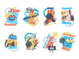 Fototapeta Dinusie - Cinema night movie festival retro banner label design template set isometric vector illustration
