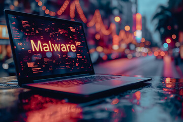Poster - A laptop screen displays the word Malware