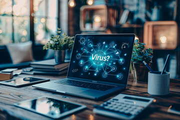 Poster - A laptop screen shows a virus with a blue background